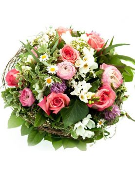 Round Handle Basket of Mixed Roses